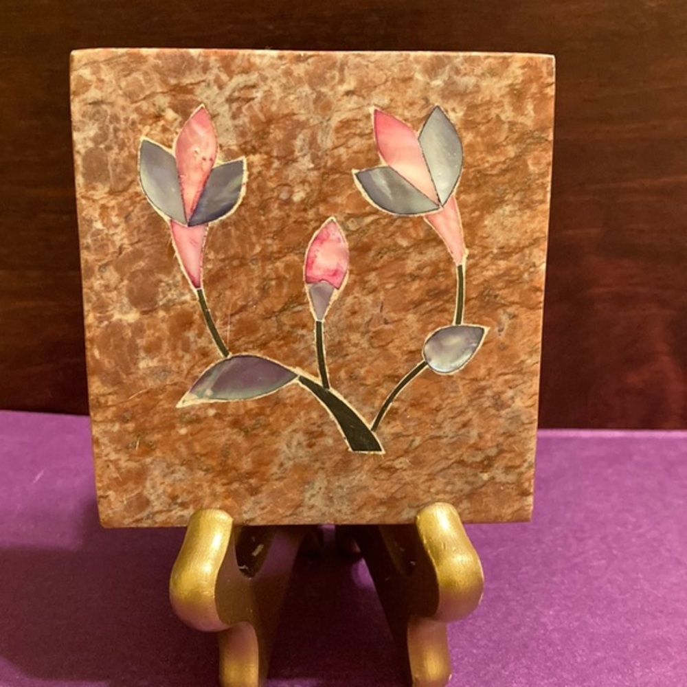 Vintage India alabaster square trinket box with inlaid floral design